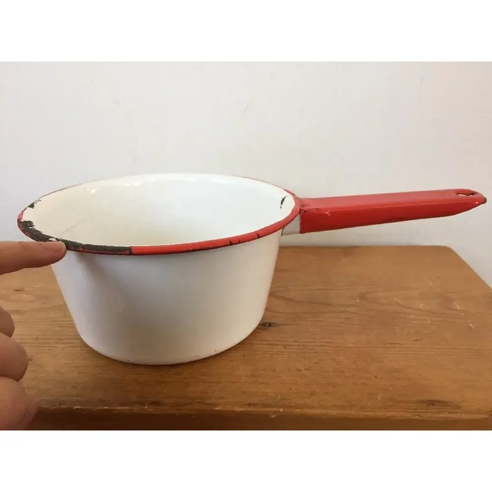 Vintage Antique White Red Metal Enamelware Primitive Small Sauce Pot Pan 7
